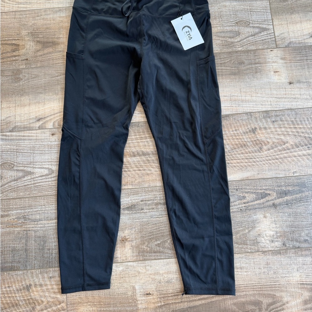 Zyia Active Black Pocket Drawstring Luxe Leggings 7/8 24” Size 12 NEW